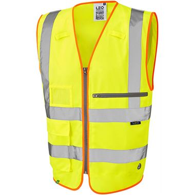 Leo Workwear Foreland Yellow Zipped Superior Hi Vis Vest with Tablet Pocket