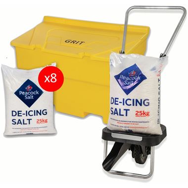 Winter Safety Starter Kit - Grit Bin with 8 x 25kg White De-icing Salt and Optio Salt Spreader